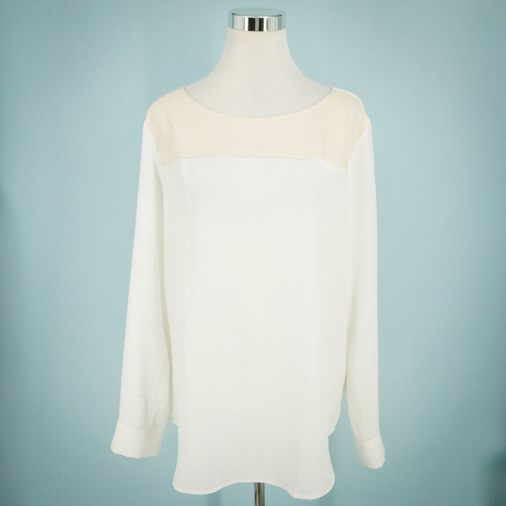 Ann Taylor Size Large L Ivory Faux Leather Scoop Neck Long Sleeve Top NEW